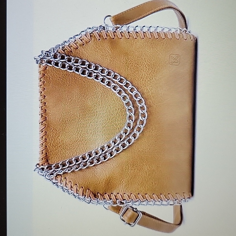 KKP textured leather crossbody bag purse shoulder bag gold tan silver chain NEW…